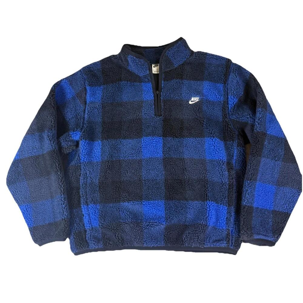 Nike Pullover Jacket Mens Medium Buffalo Plaid Fleece Sherpa Blue Black 1/2 Zip
